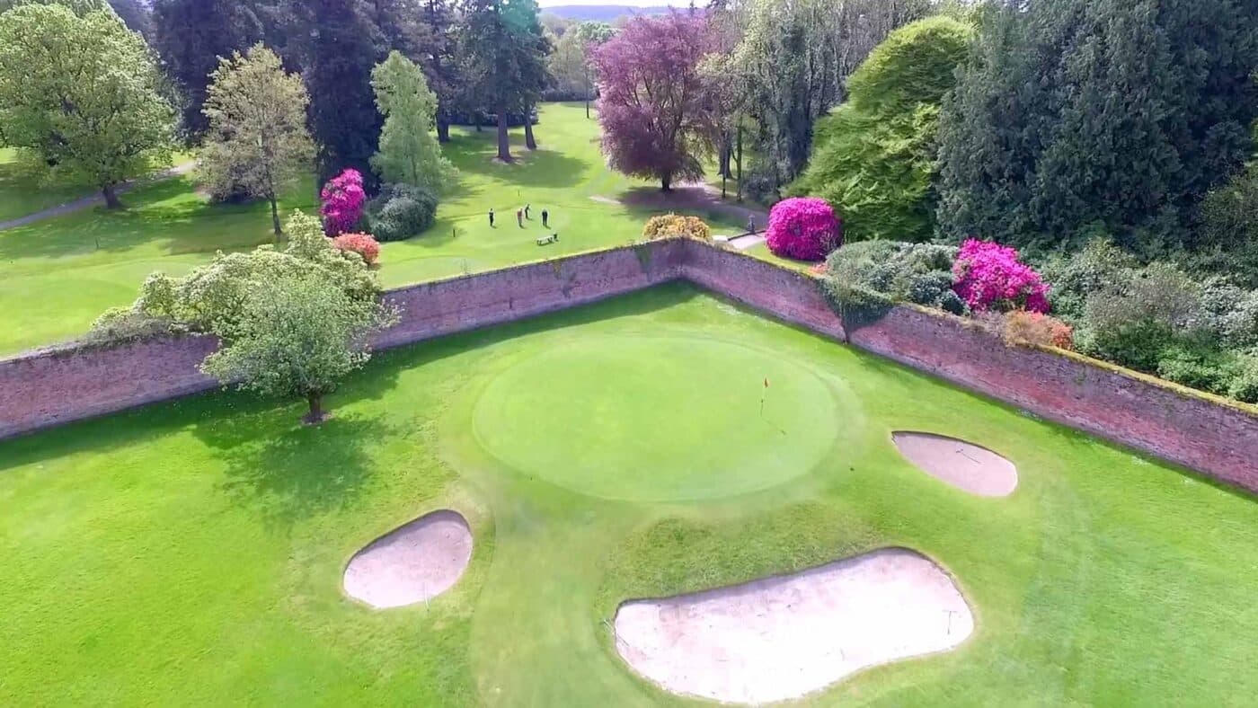 Coollattin Golf Club, near Tinahely — aerial view of the walled green with rhododendrons