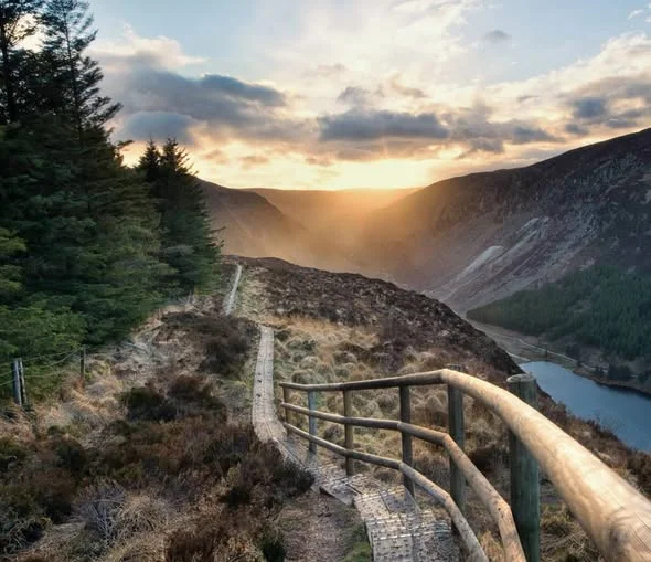 Glendalough Upper Lake from the Spinc boardwalk at sunset, Co. Wicklow